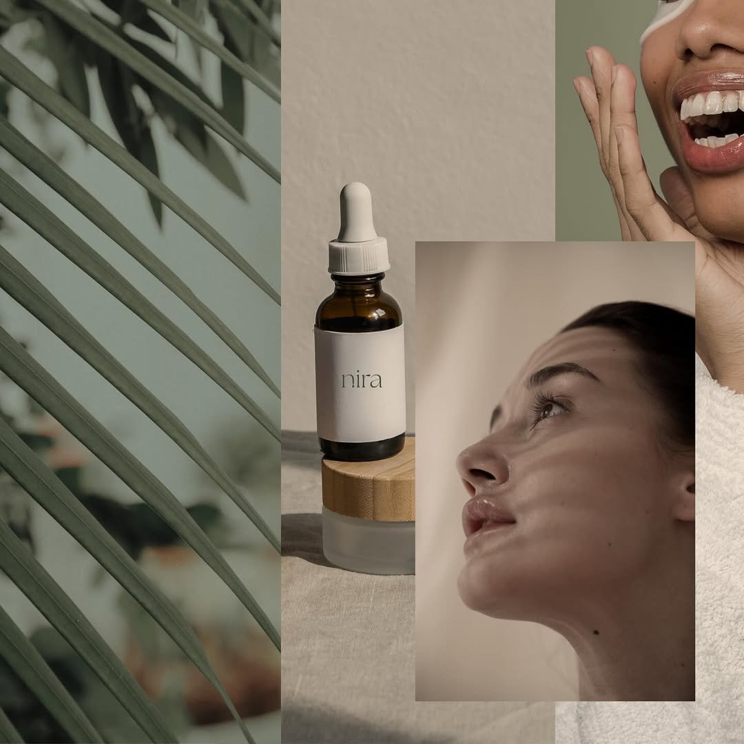 Nira lifestyle triptych — palm fronds, the dropper bottle, and an editorial portrait
