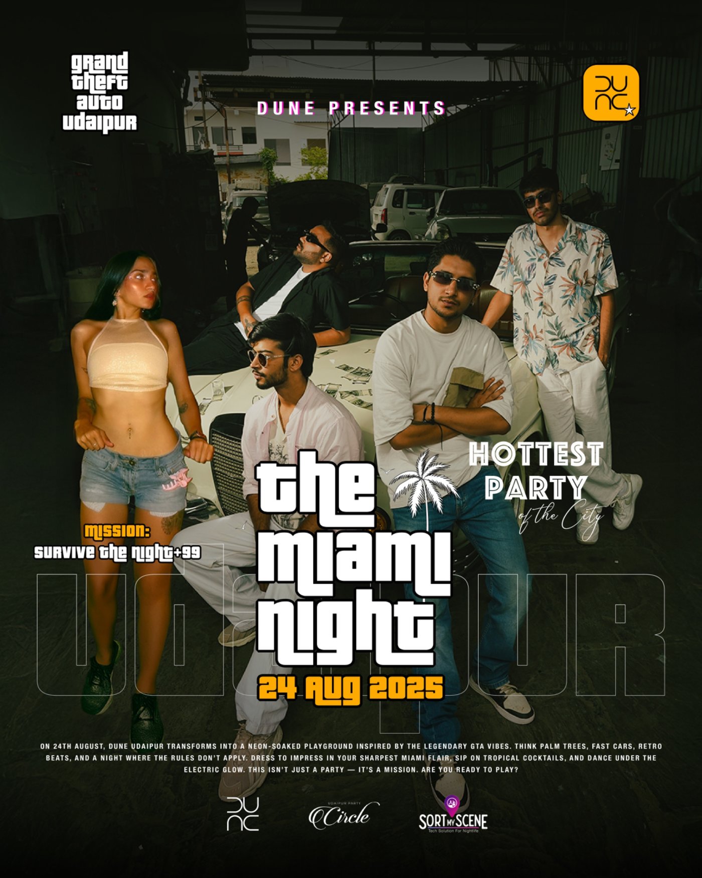 The Miami Night cast photo poster — six on a vintage car