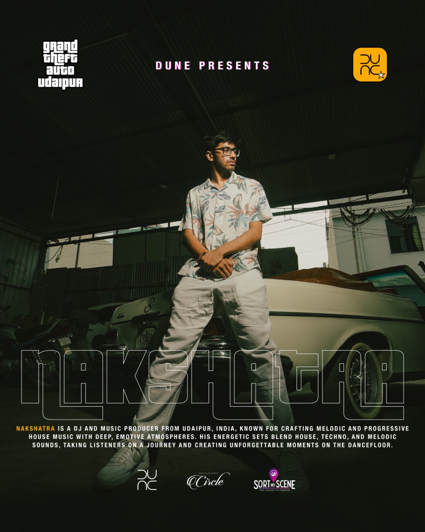 Nakshatra DJ poster — leaning on a vintage convertible