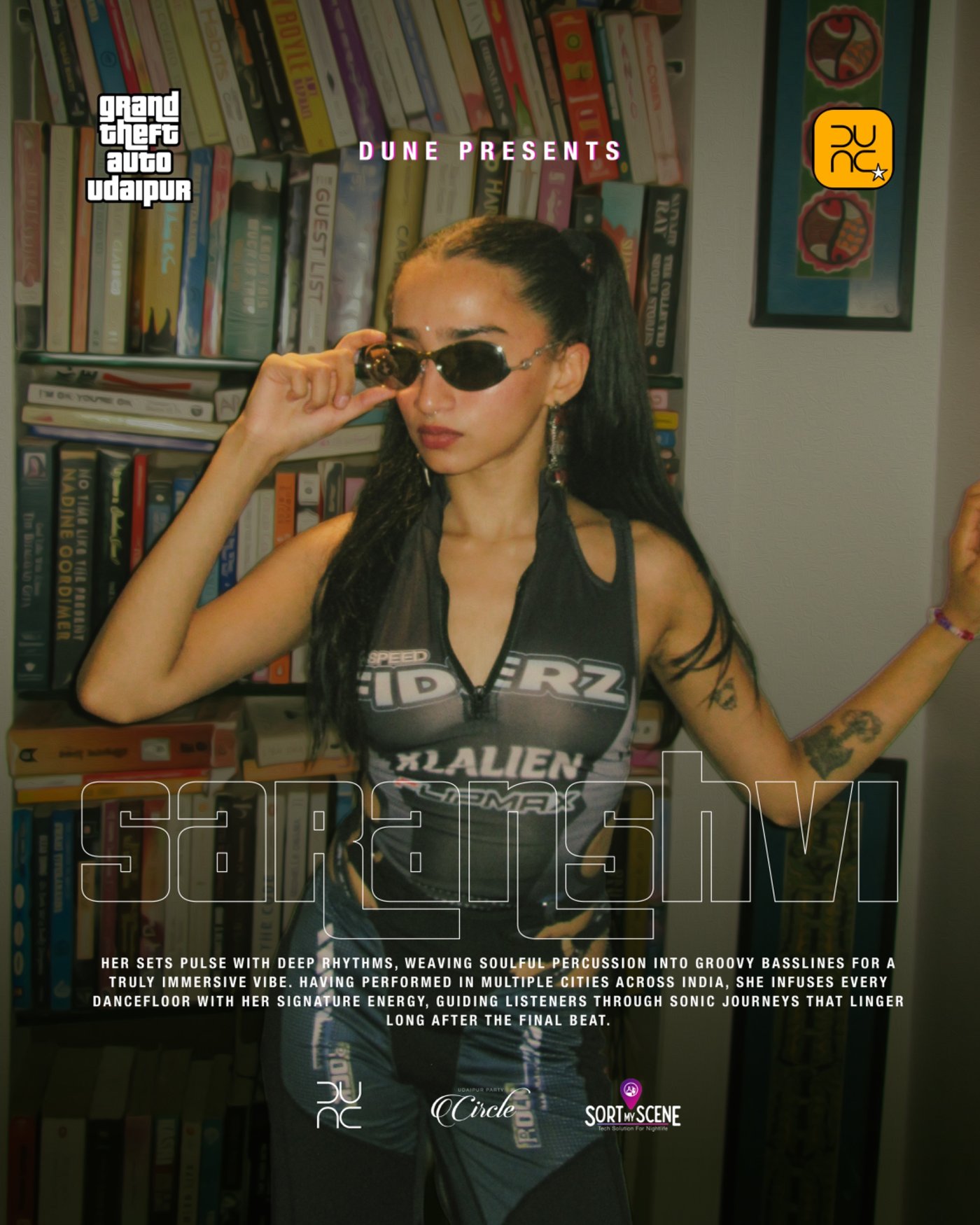 Saranshvi DJ poster — GTA-style with bookshelf backdrop