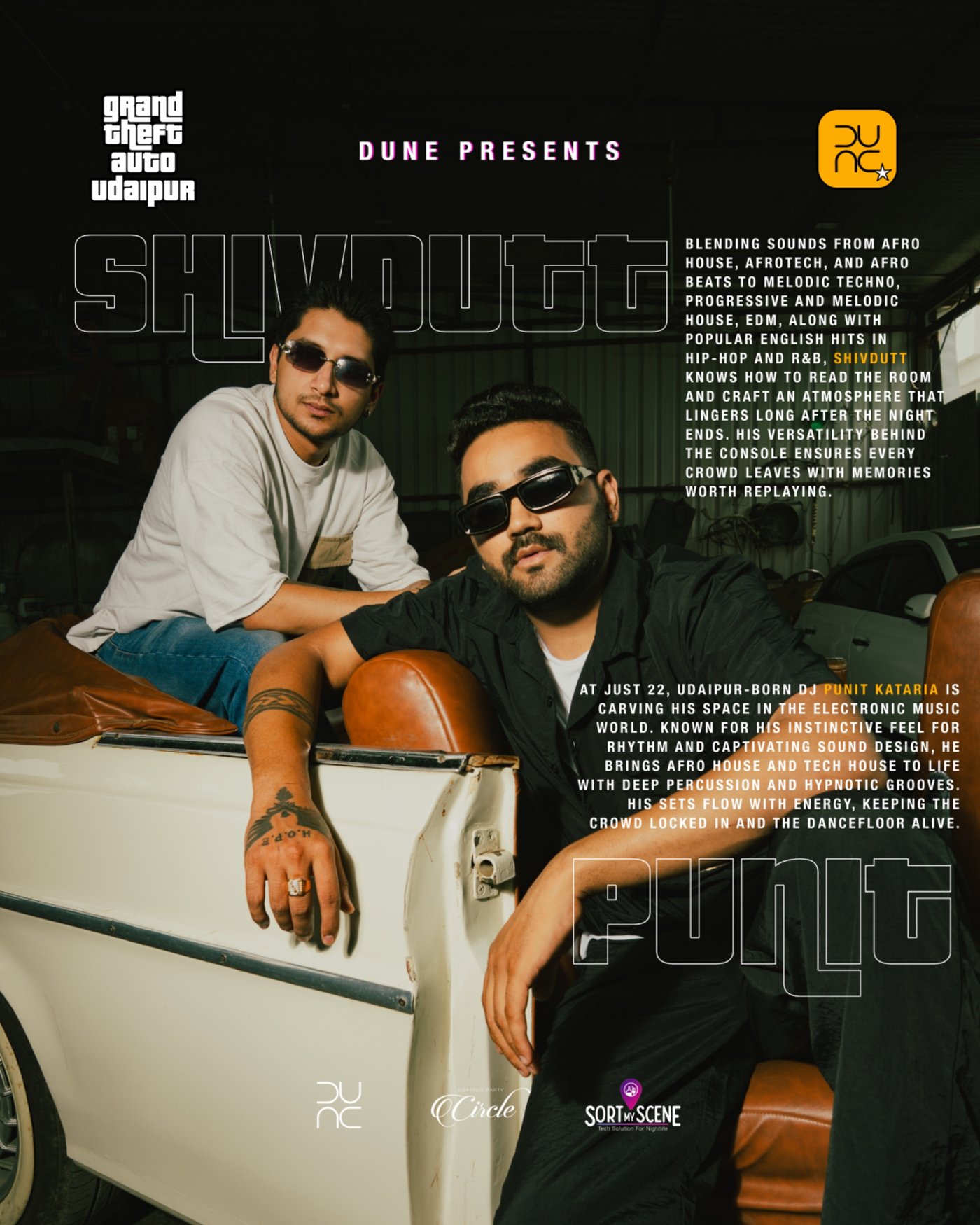 Shivdutt & Punit DJ duo poster — on a vintage car