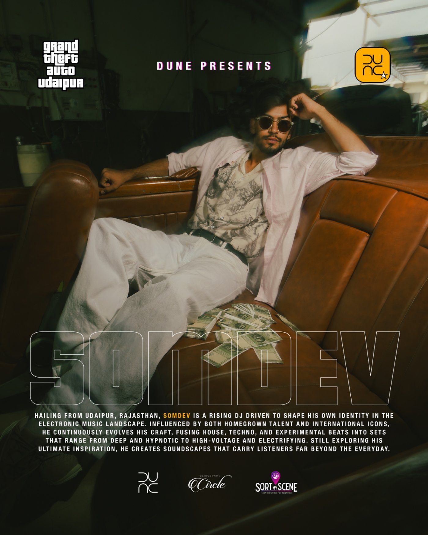 Somdev DJ poster — leather car seat with cash, GTA aesthetic