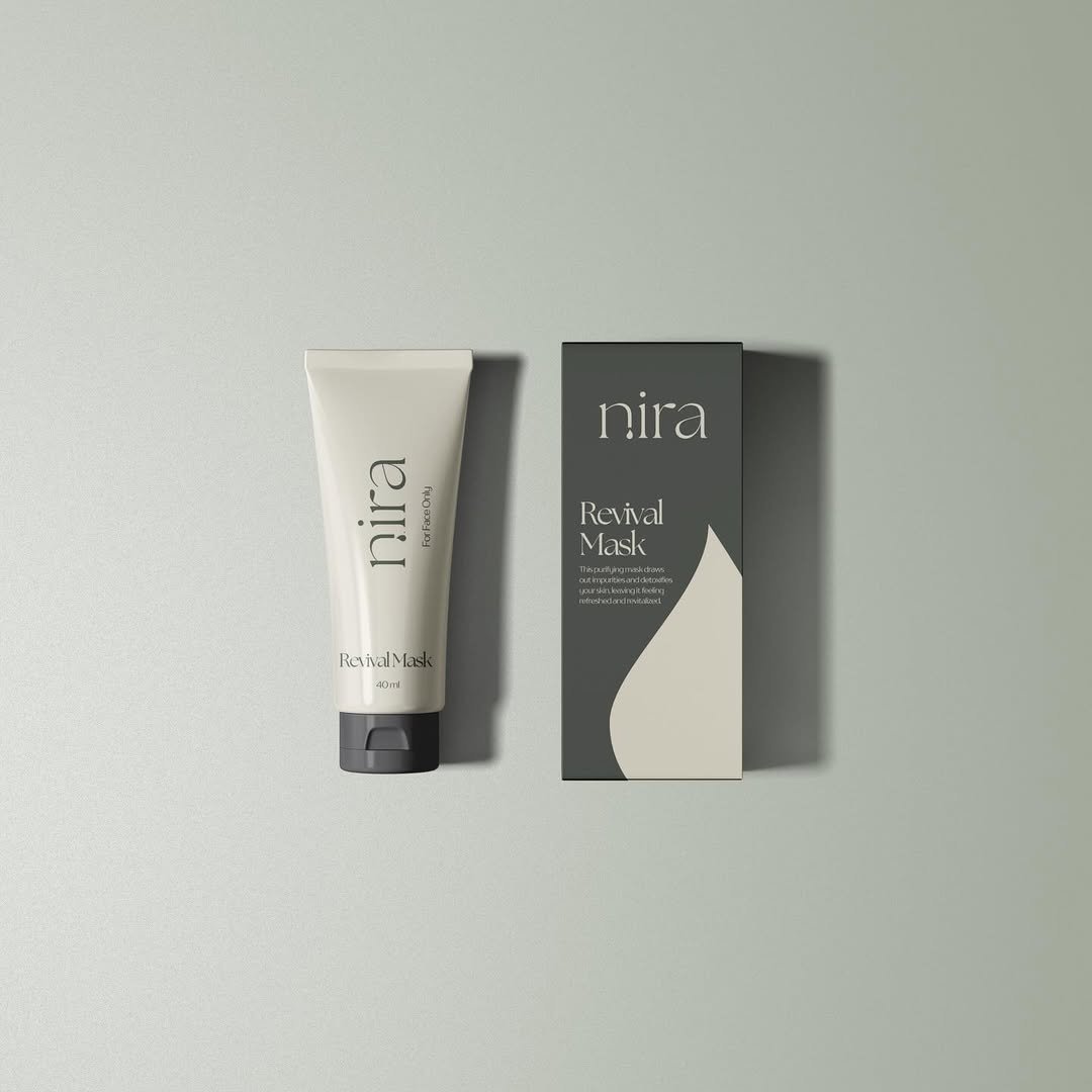 Nira — Revival Mask packaging on sage backdrop
